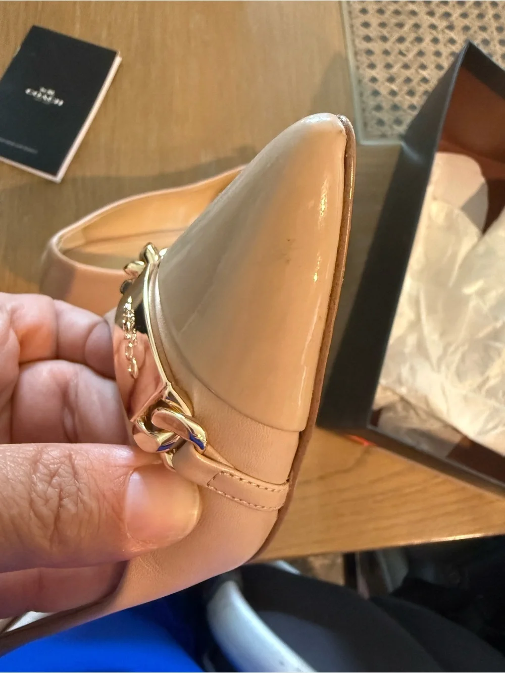 Coach Nude Pointed-Toe Low Heel with Gold Chain Plaque